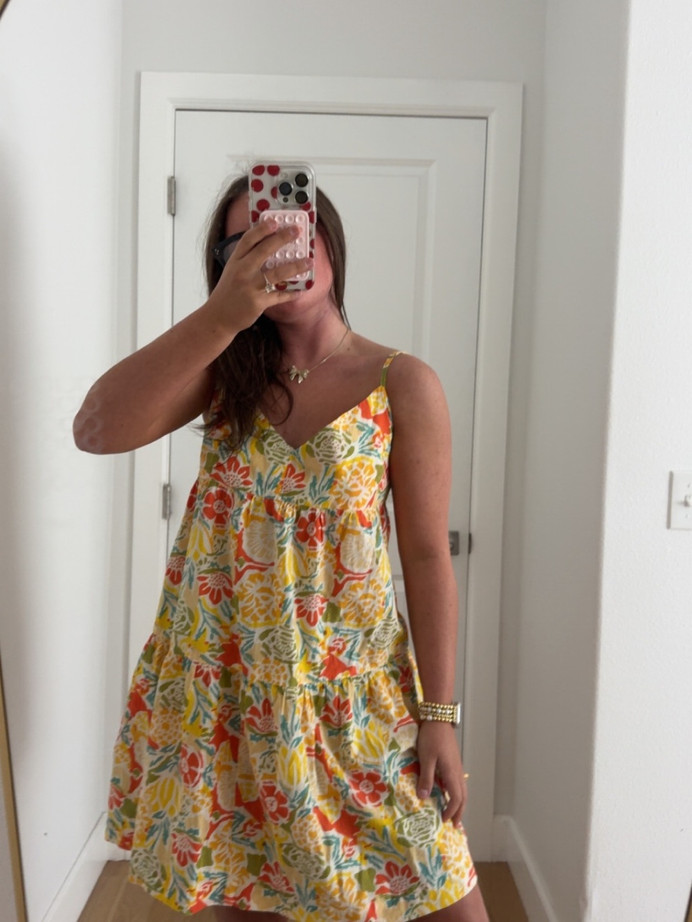 Velvet Yellow Floral Tiered Mini Dress with Orange & Green Accents, NEVER WORN